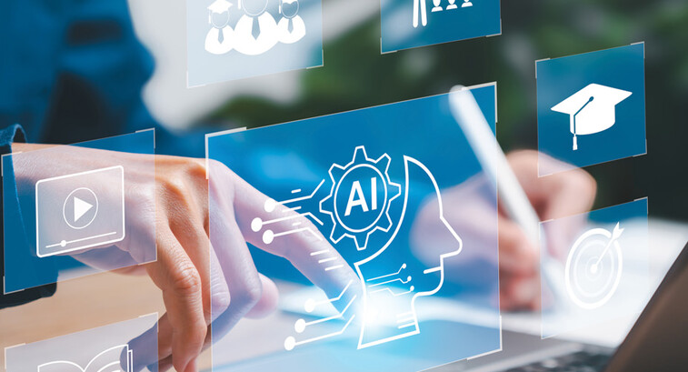 Some tech-looking icons superimposed over a person's hands on a laptop