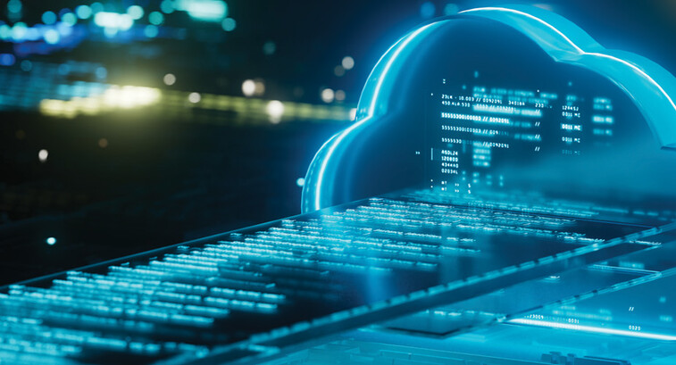 Illustration of a high-tech cloud with some lines of code and futuristic-looking light effects