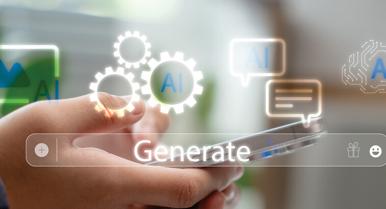 A person's hand holding a smartphone, with icons representing generative AI