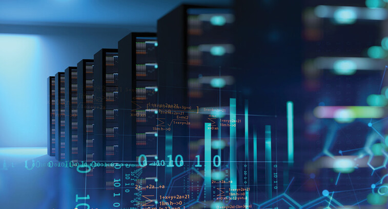 Photo illustration of high-performance computing with lots of blue-ish lights and a few racks of servers