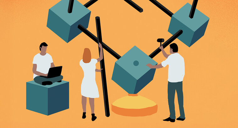 Abstract illustration of people putting together some kind of object