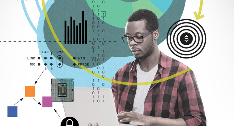 Collage-style illustration of a student learning things in higher education.