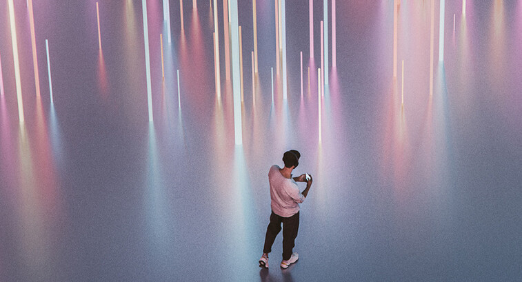 Person walking with phone and headphones