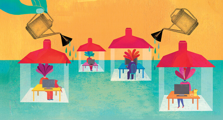 Illustration of watering cans over people using computers