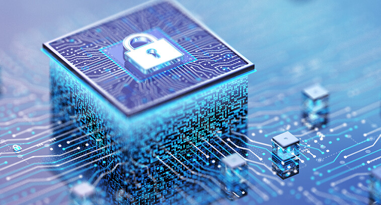 A 3D rendered image of a computer chip with a lock icon embossed on the chip