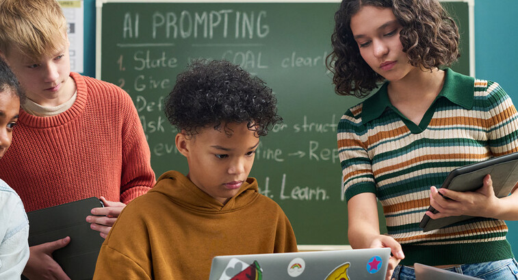 Students using computer in class