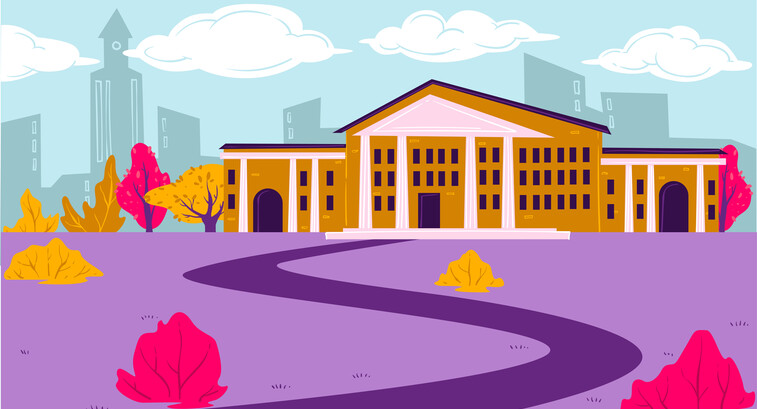 Drawing of building with columns with a city behind it in the distance