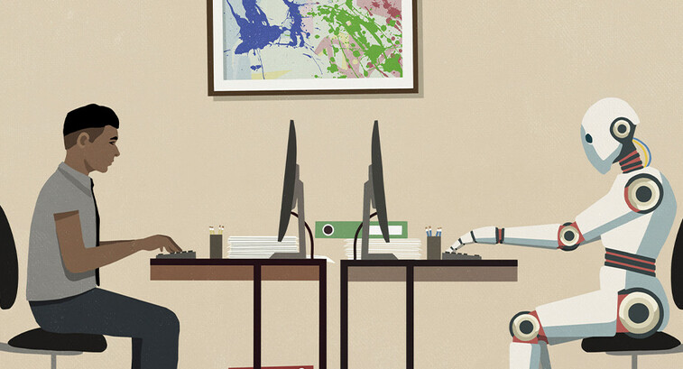Illustration of human and AI bot working at computer