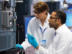 Two people conduct research