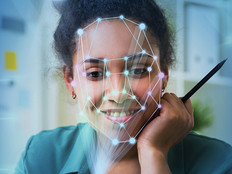 Illustration of a person's face being mapped for biometrics