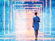 Abstract image of woman walking through technology