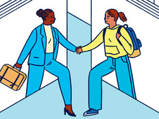 Illustration of two people shaking hands in a virtual cubicle