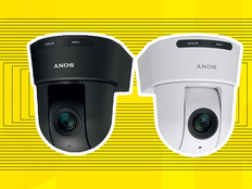 Two ceiling cameras pictured over a yellow background