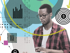 Collage-style illustration of a student learning things in higher education.