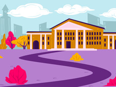 Drawing of building with columns with a city behind it in the distance