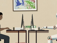 Illustration of human and AI bot working at computer