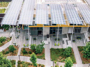 Aerial shot of the Kendeda Building at Georgia Tech