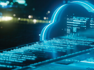 Illustration of a high-tech cloud with some lines of code and futuristic-looking light effects