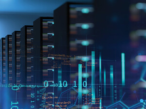 Photo illustration of high-performance computing with lots of blue-ish lights and a few racks of servers