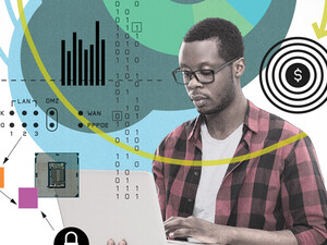 Collage-style illustration of a student learning things in higher education.