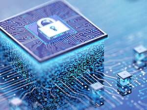 A 3D rendered image of a computer chip with a lock icon embossed on the chip