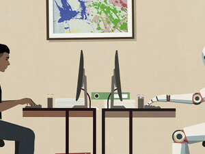 Illustration of human and AI bot working at computer