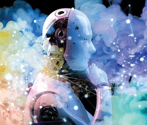 A robot ponders its existence as bursts of color emerge around its head