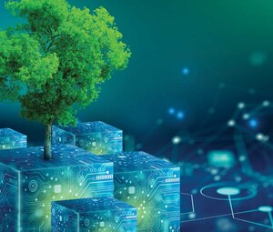Illustration of a tree growing out of some futuristic cubes