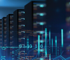 Photo illustration of high-performance computing with lots of blue-ish lights and a few racks of servers