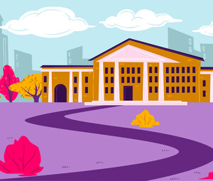 Drawing of building with columns with a city behind it in the distance