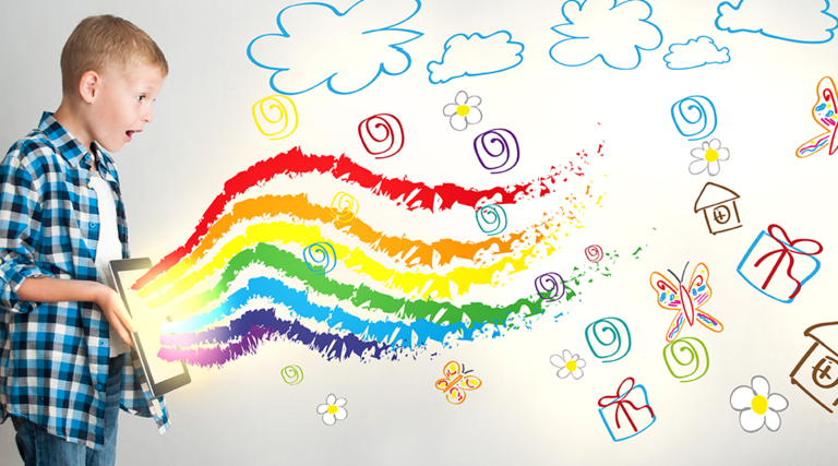 Kid uses ipad with rainbows coming out