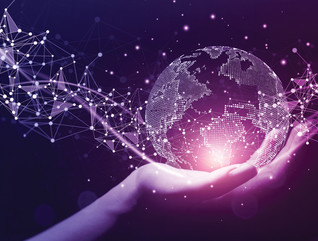 hand holding digital depiction of planet earth hologram