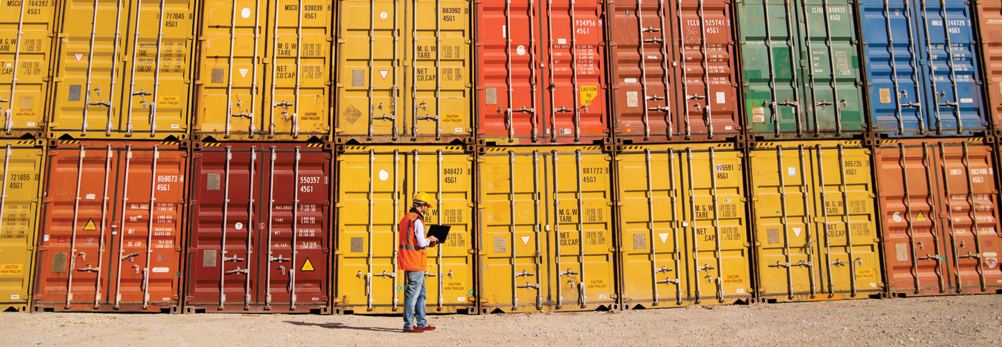 Supply Chain Disruptions - dock worker with laptop standing in front of cargo containers stacked two high