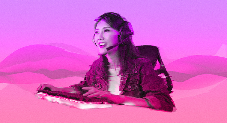 female esports player on pink gradient background