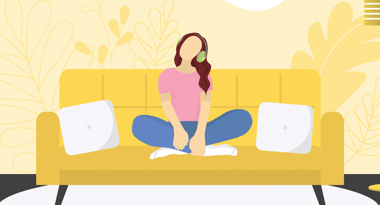 illustration of student sitting on a couch with headphones for self regulation