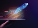 graphic of rocket flying out of a tablet to show digital transformation