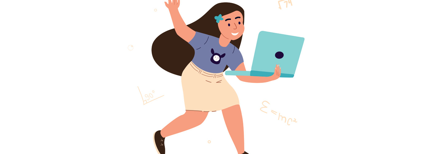Student moving around with laptop in hand illustration