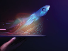 graphic of rocket flying out of a tablet to show digital transformation