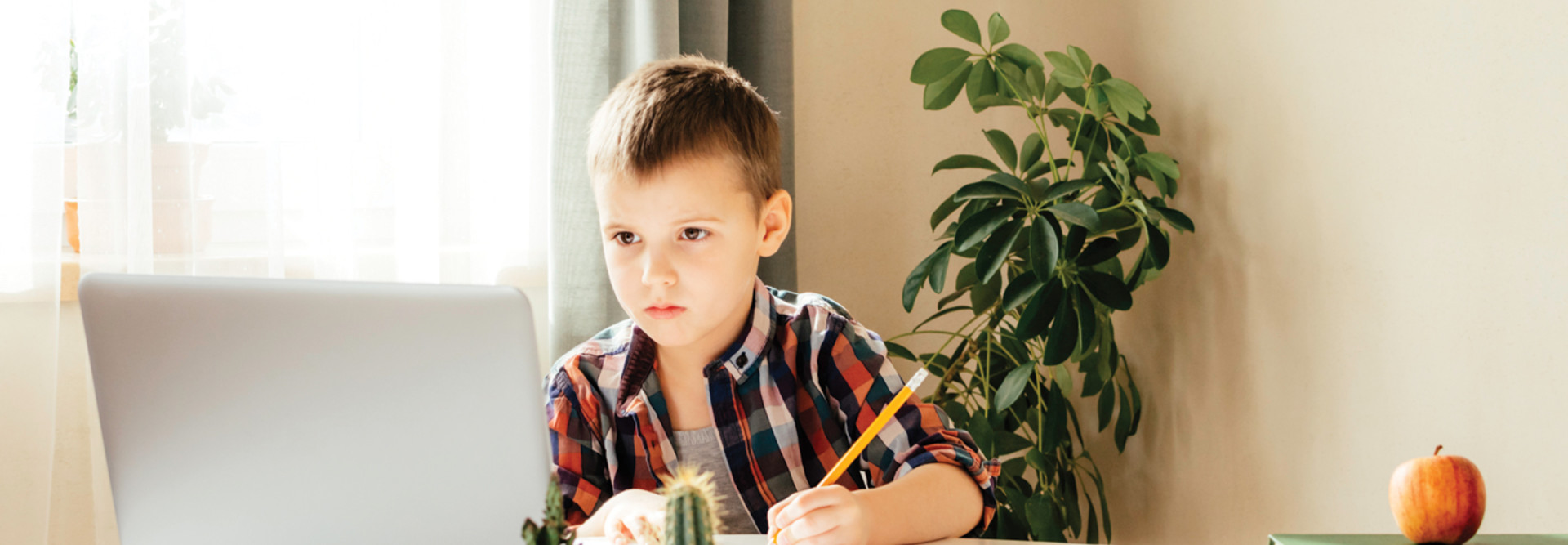 K-12 student taking notes with pencil and laptop