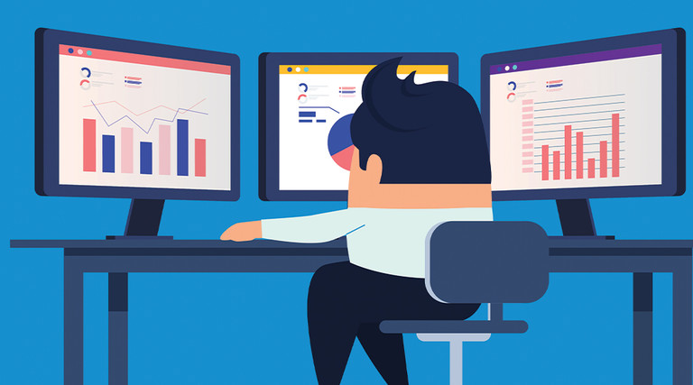 illustration of man sitting in front of computer screen analyzing data