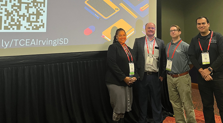 Chejuana Martin, Shane Smith, James Tiggeman and Eduardo Alva from Irving Independent School District share their one-to-one expertise at TCEA 2023. 