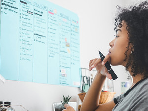 Person observing poster on their wall