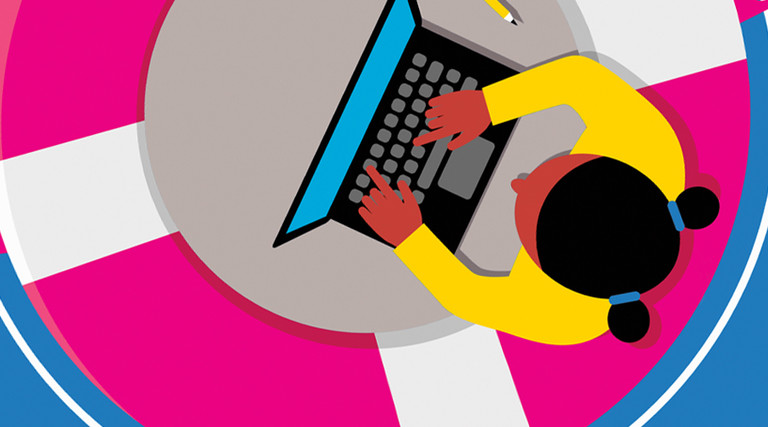 Illustration of a student on a laptop in a life preserver