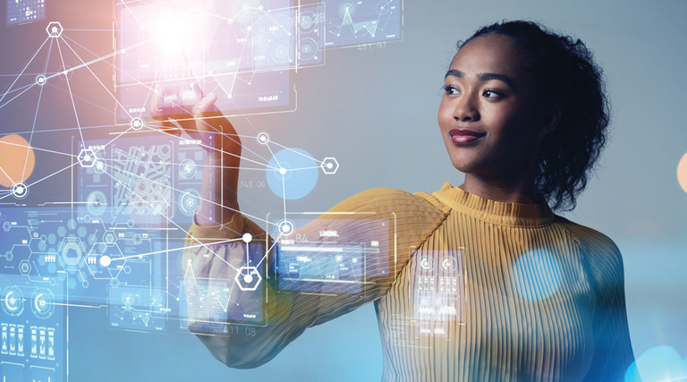 Woman working with digital network 