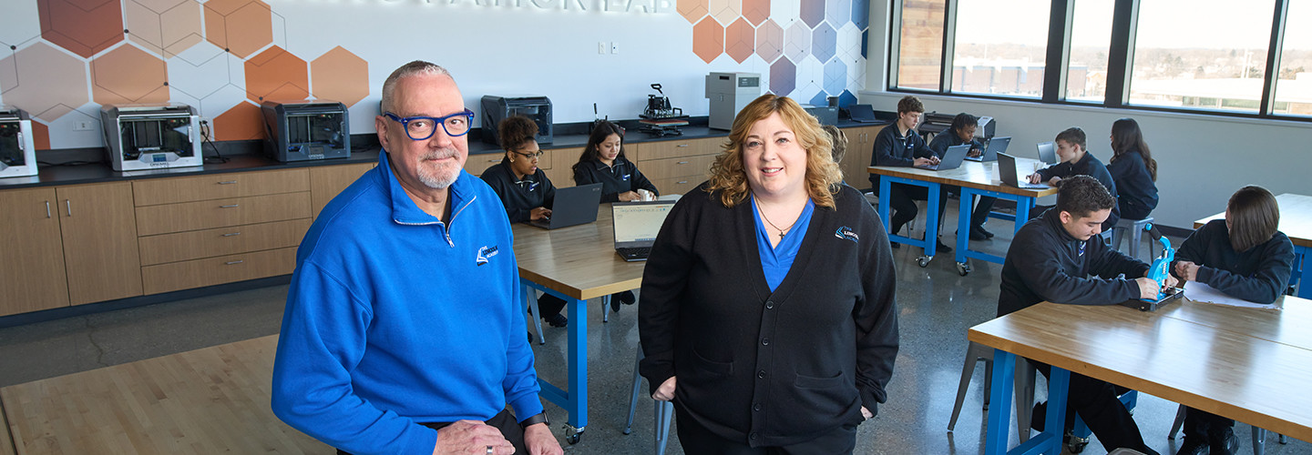 Chief Education Officer Dr. Kristi Cole  and Director of Technology Marc Anderson focus on tech at The Lincoln Academy  in Beloit, Wis.
