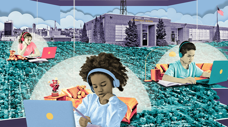 illustration of students learning virtually with school building in background