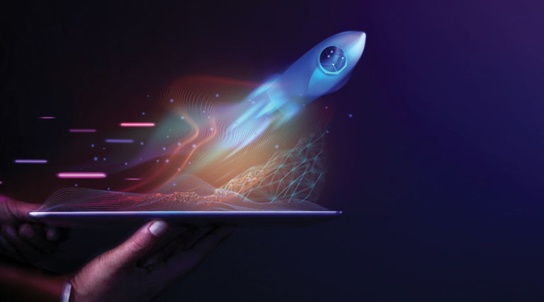 graphic of rocket flying out of a tablet to show digital transformation