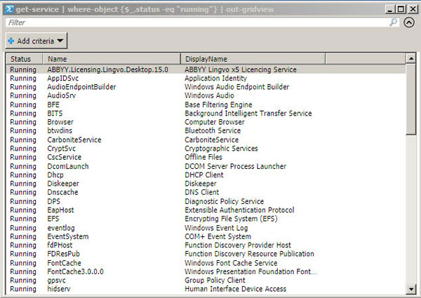 Running services enumerated by PowerShell