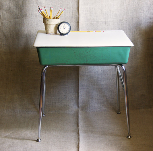 Old fashioned school desk with attached chair hot sale