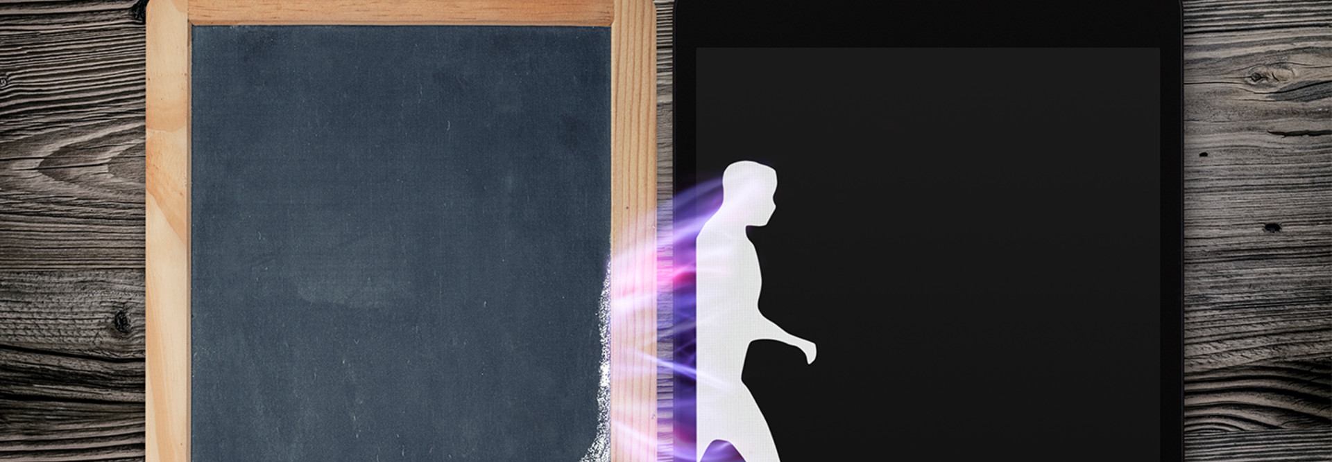 Guy walking from chalkboard to ipad